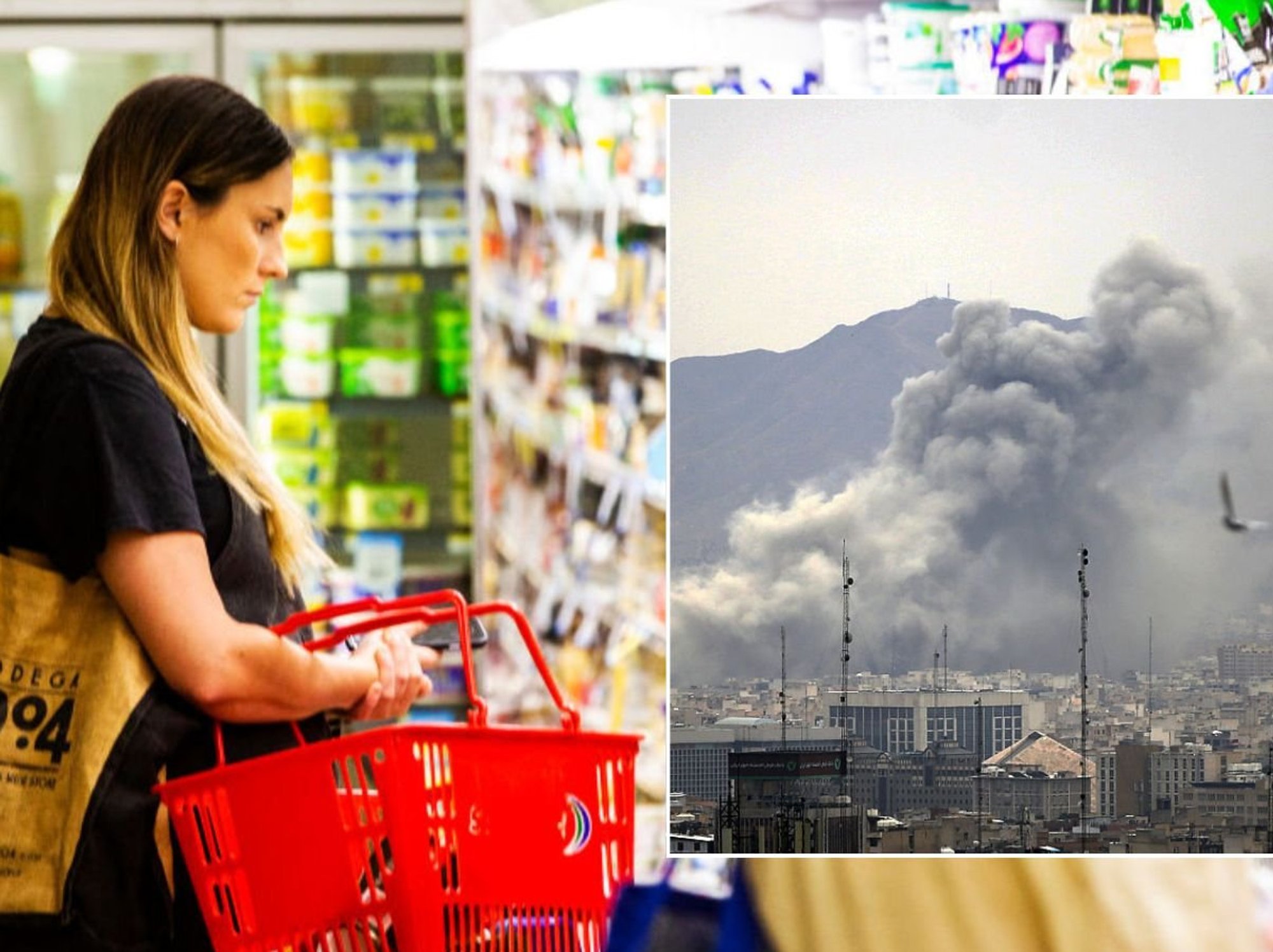 Woman shopping and US strike on Tehran, Iran