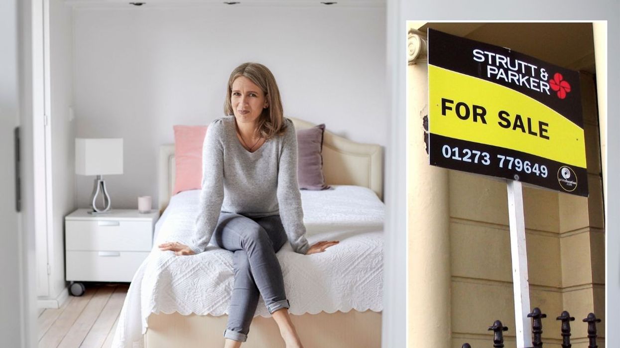 Woman sitting in bedroom / For sale sign