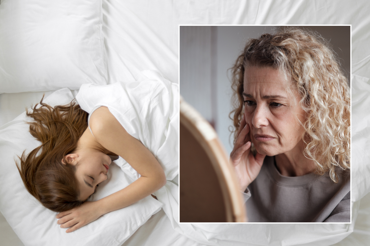 Woman sleeping on her side in a bed; a woman looking at wrinkles in the mirror