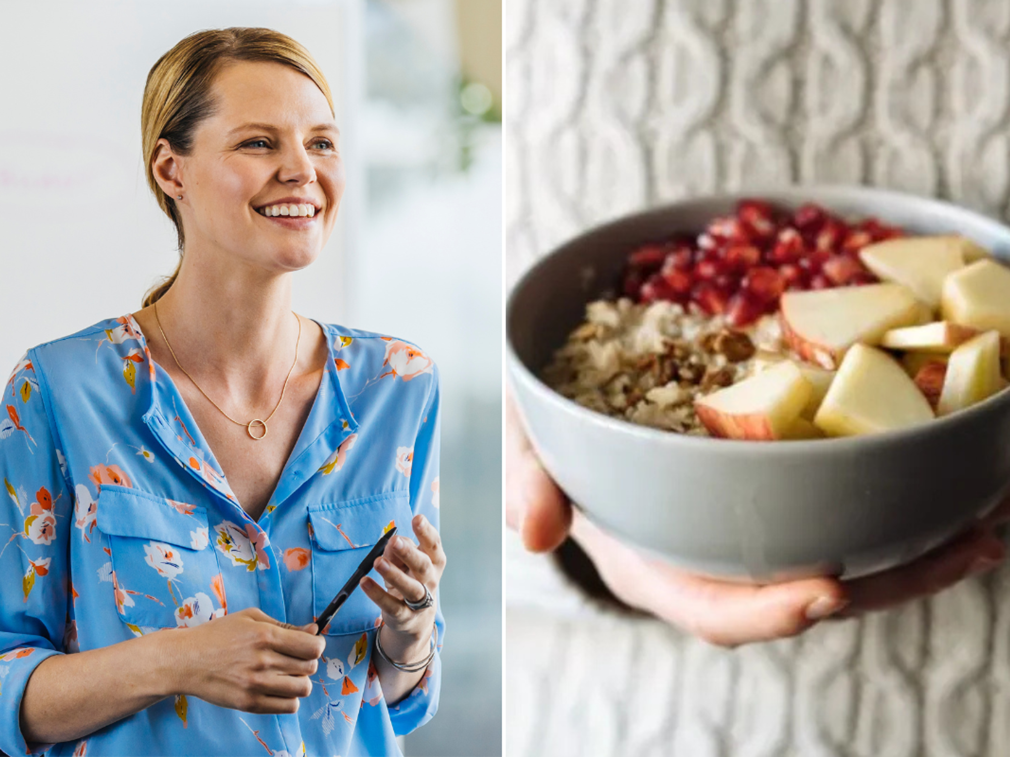 Woman smiling / bowl of oats and fruit