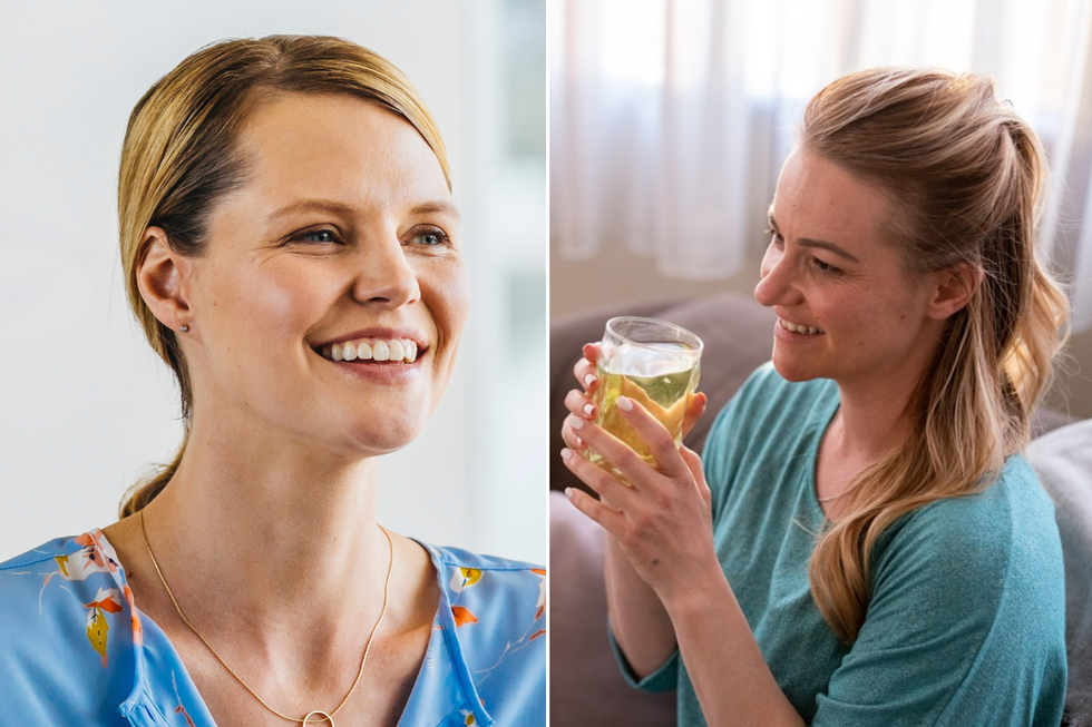 Woman smiling / woman holding glass with yellow liquid