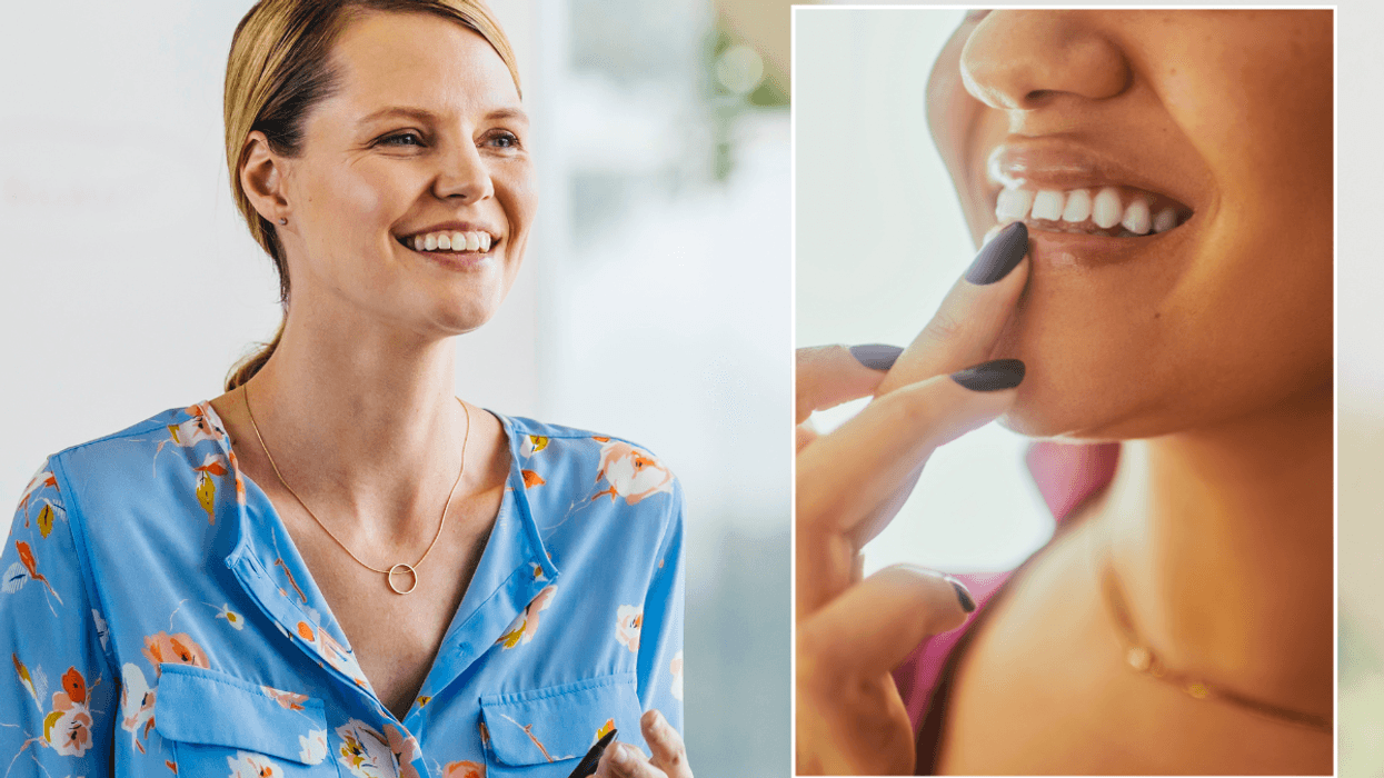 Woman smiling / woman touching lips