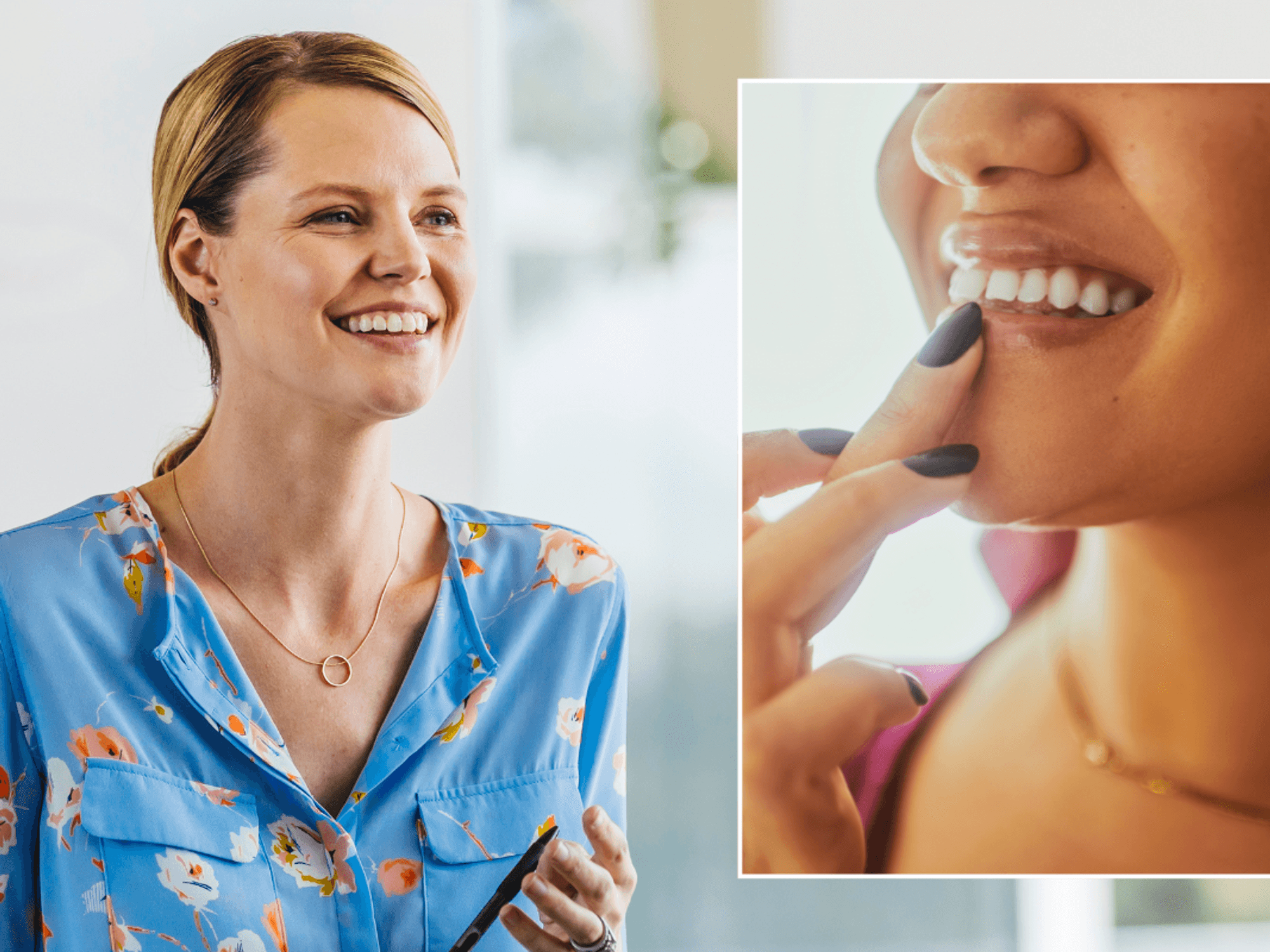 Woman smiling / woman touching lips