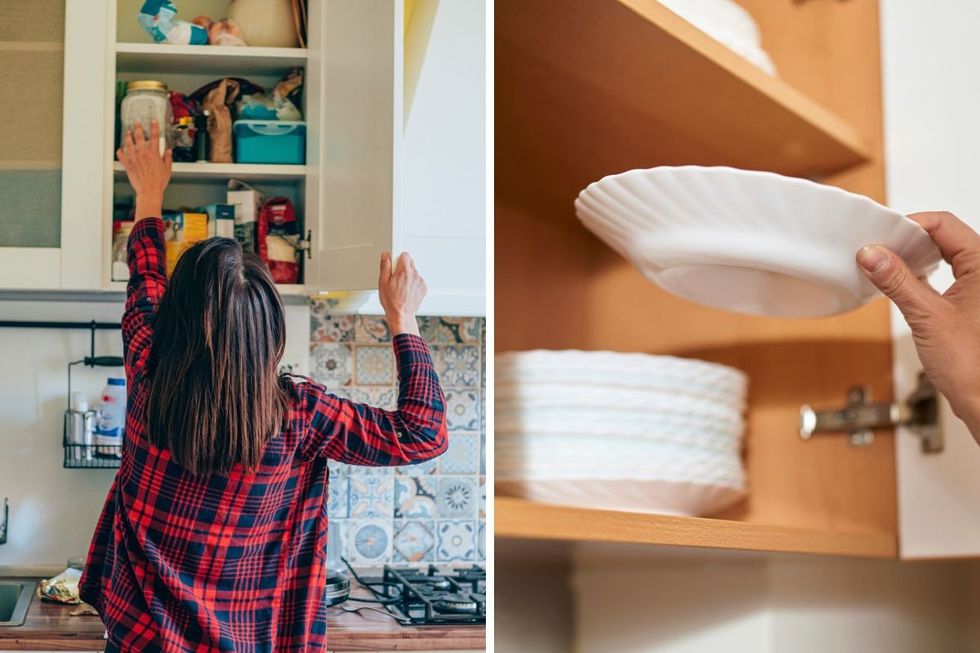 Woman sorting kitchen cupboards / Putting plates away