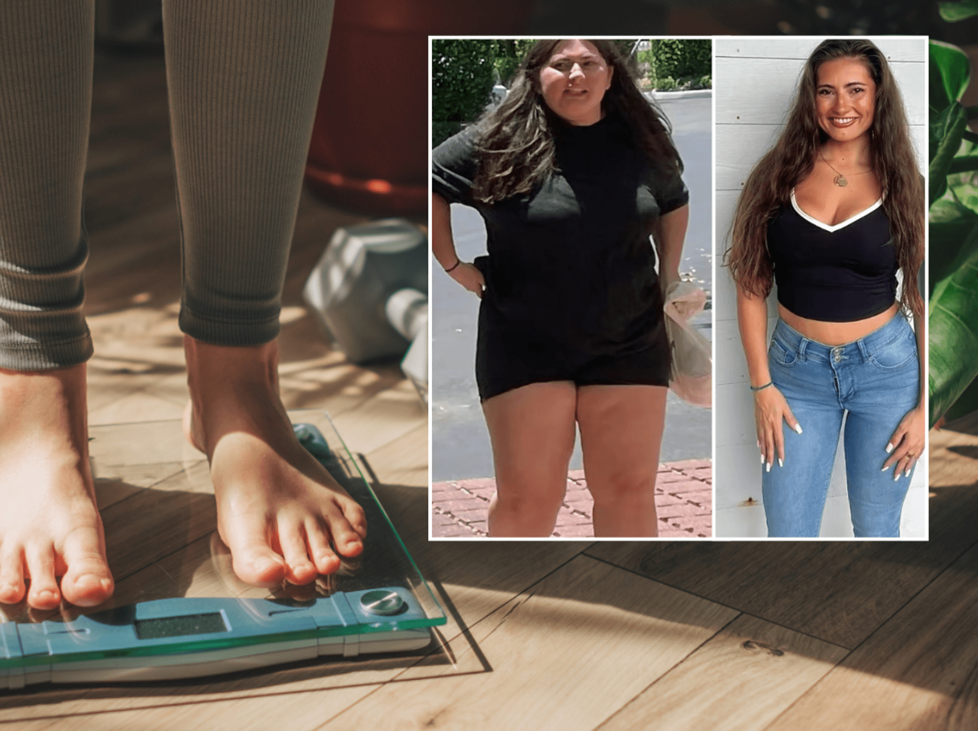 Woman standing on a weight scale by two dumbbells; Sarah's transformation