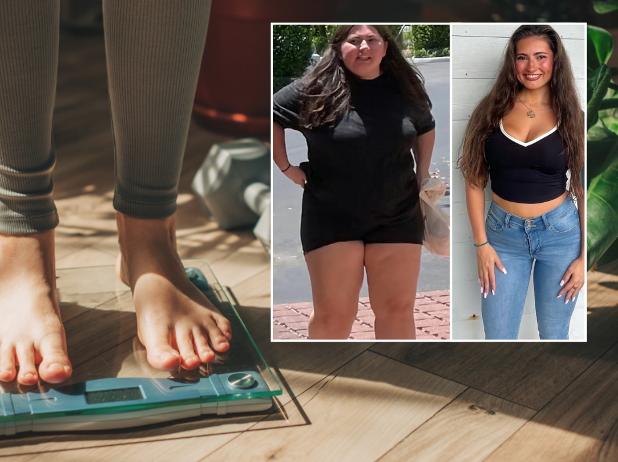 Woman standing on a weight scale by two dumbbells; Sarah's transformation