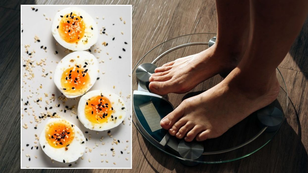 woman standing on scales and soft boiled eggs