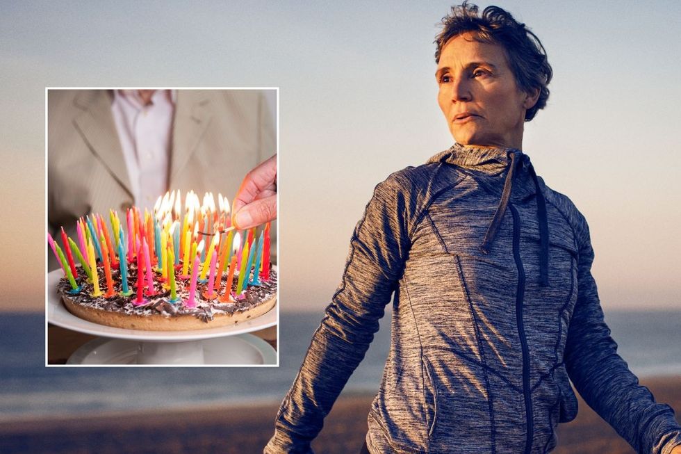 woman stretching and cake with candles