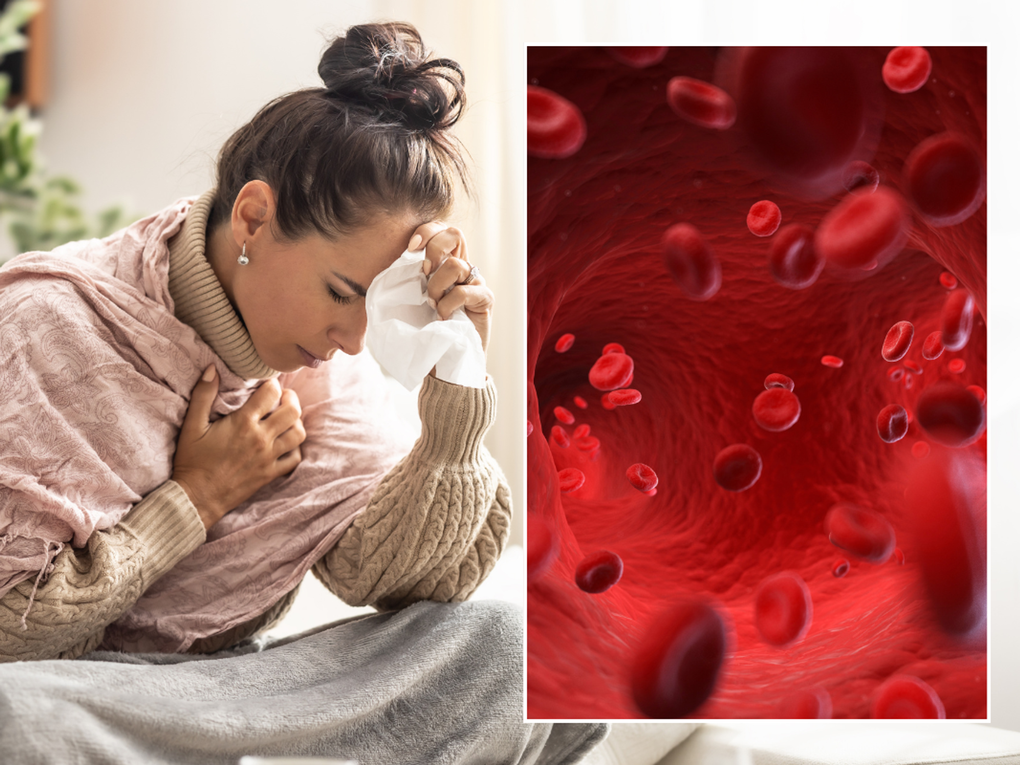 Woman suffering from flu symptoms; illustration of blood cells in an artery