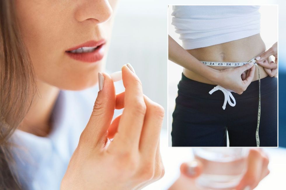 Woman taking tablet / Slim woman measuring waist