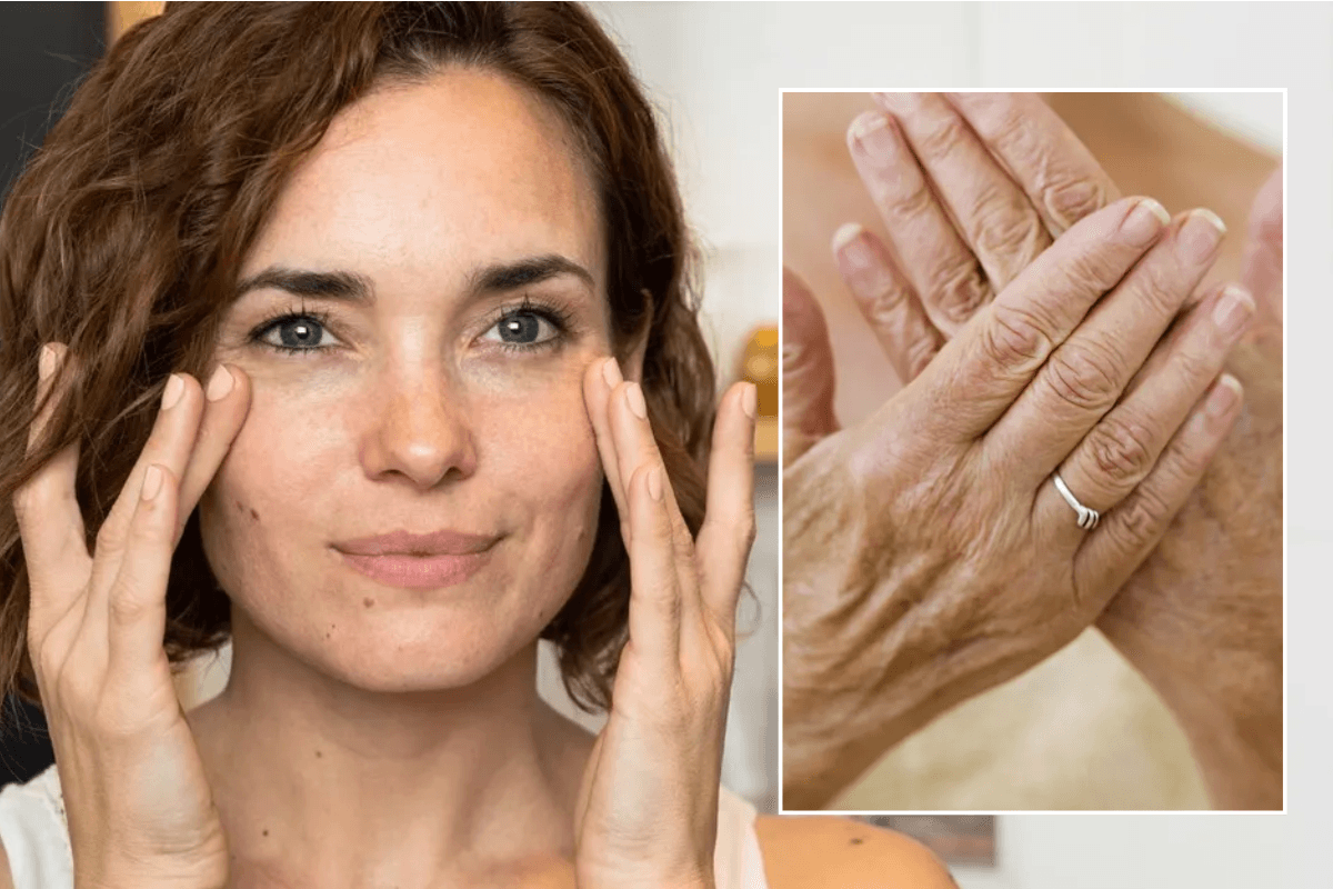 Woman touching face doing her skin care / middle aged hands