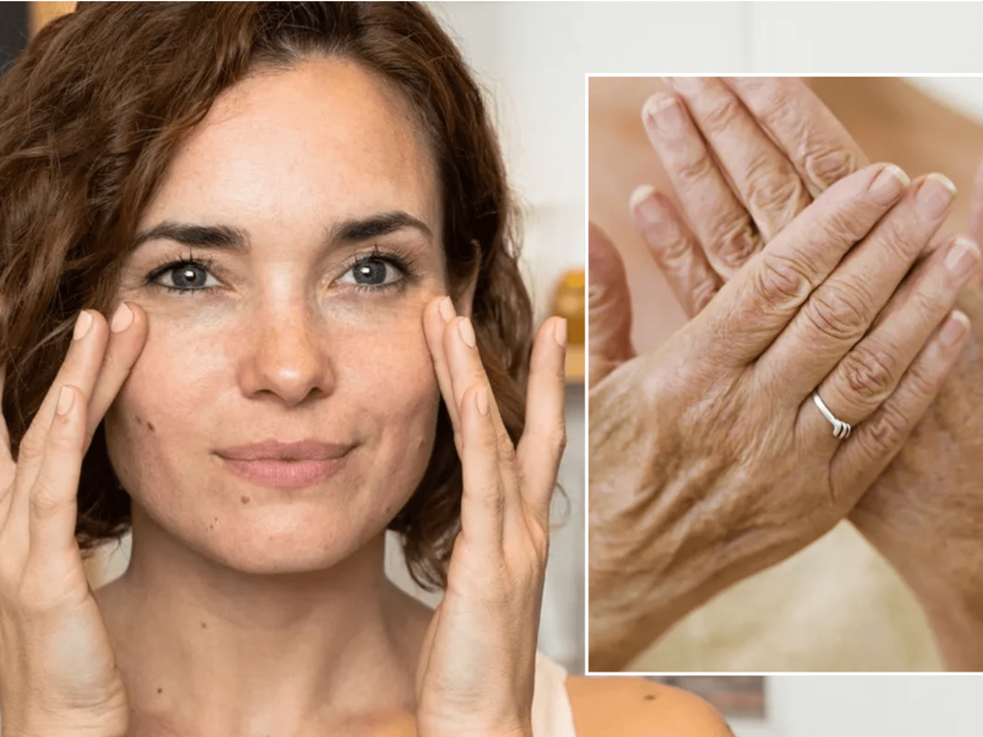 Woman touching face doing her skin care / middle aged hands