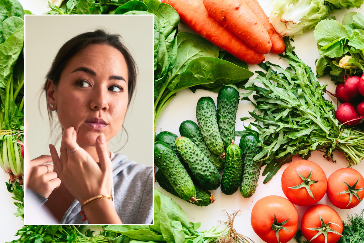 Woman touching face / green vegetables