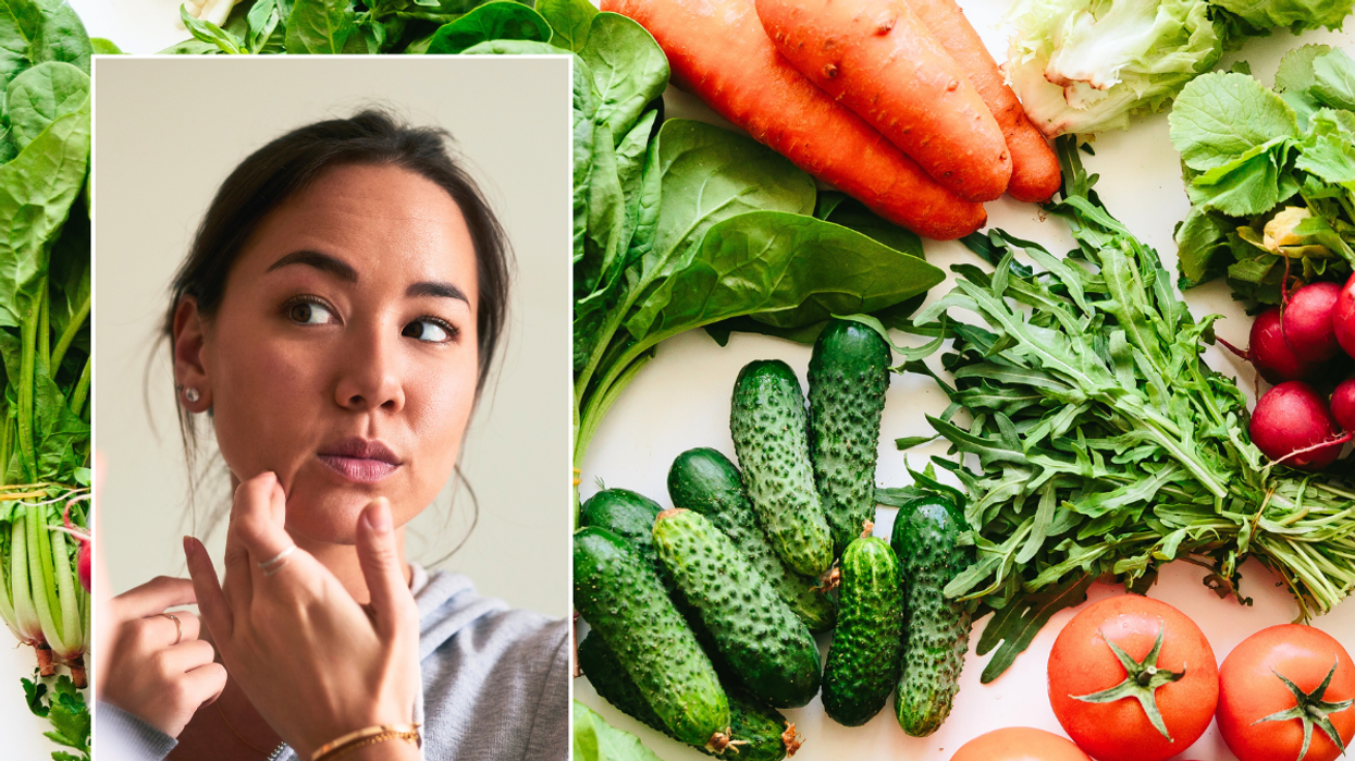Woman touching face / green vegetables