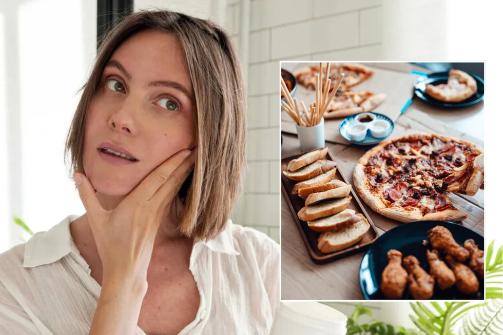 Woman touching face / processed foods including bread and pizza