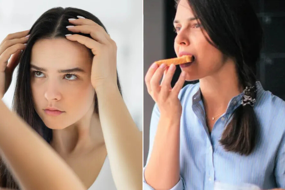 Woman touching head / woman eating bread