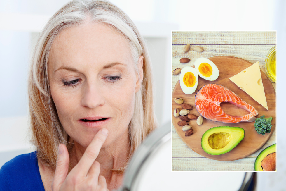 Woman touching tips / high-fat foods on a wooden plate
