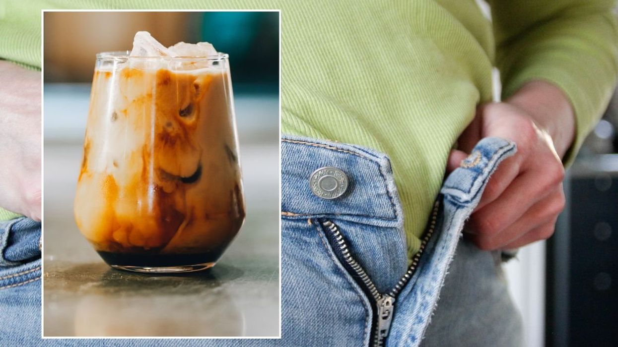 WOMAN TRYING TO CLOSE JEANS / ICED COFFEE