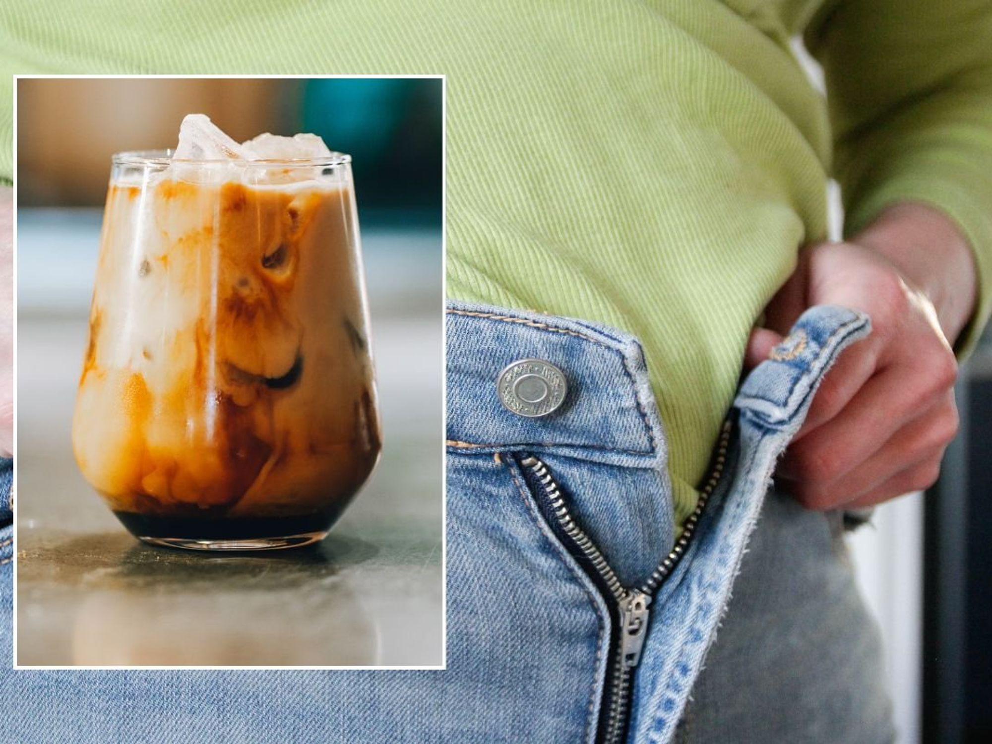 WOMAN TRYING TO CLOSE JEANS / ICED COFFEE