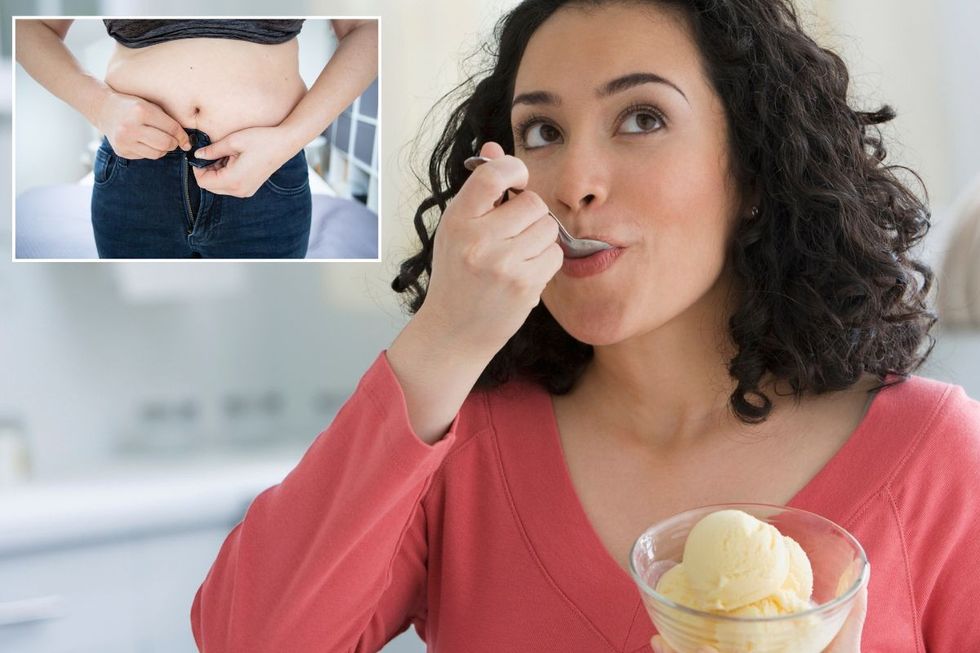 Woman trying to do up trousers / Woman eating ice cream
