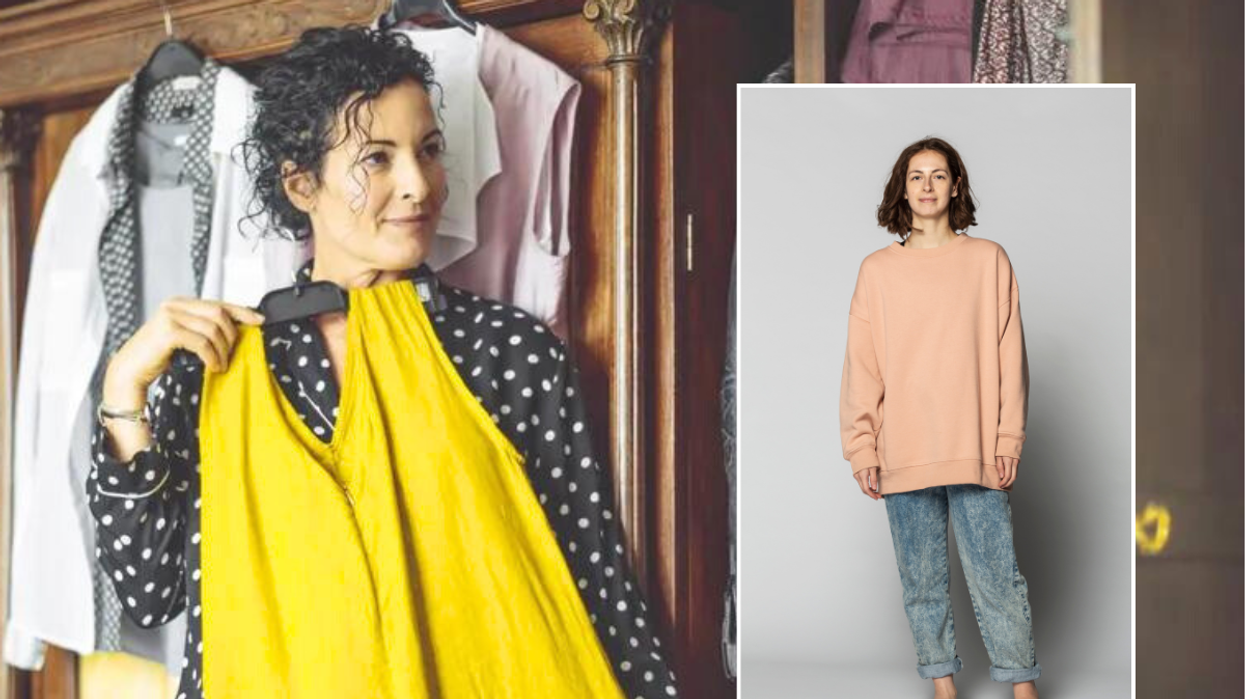 Woman trying yellow dress / woman in oversized jumper