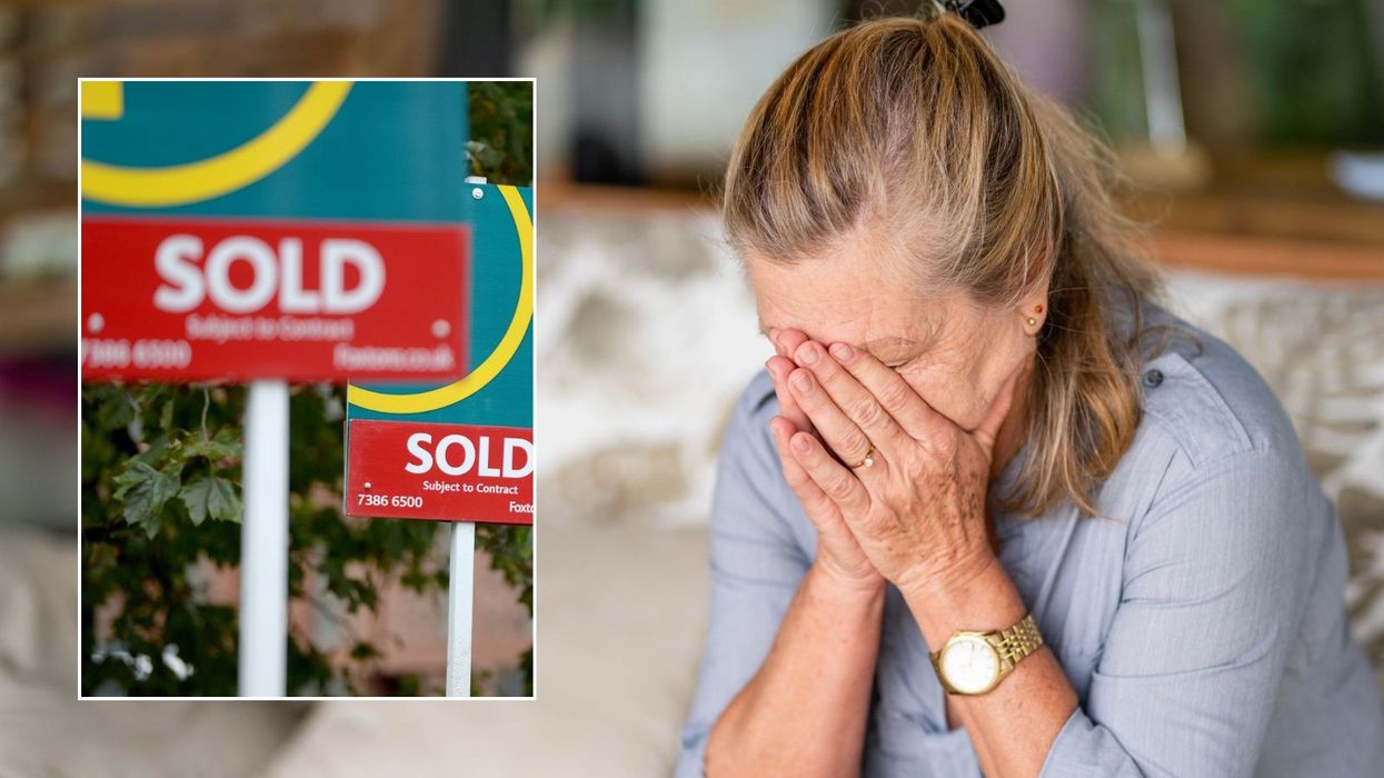 Woman upset and for sale signs