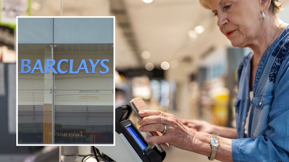 Woman using contactless payment and Barclays branch