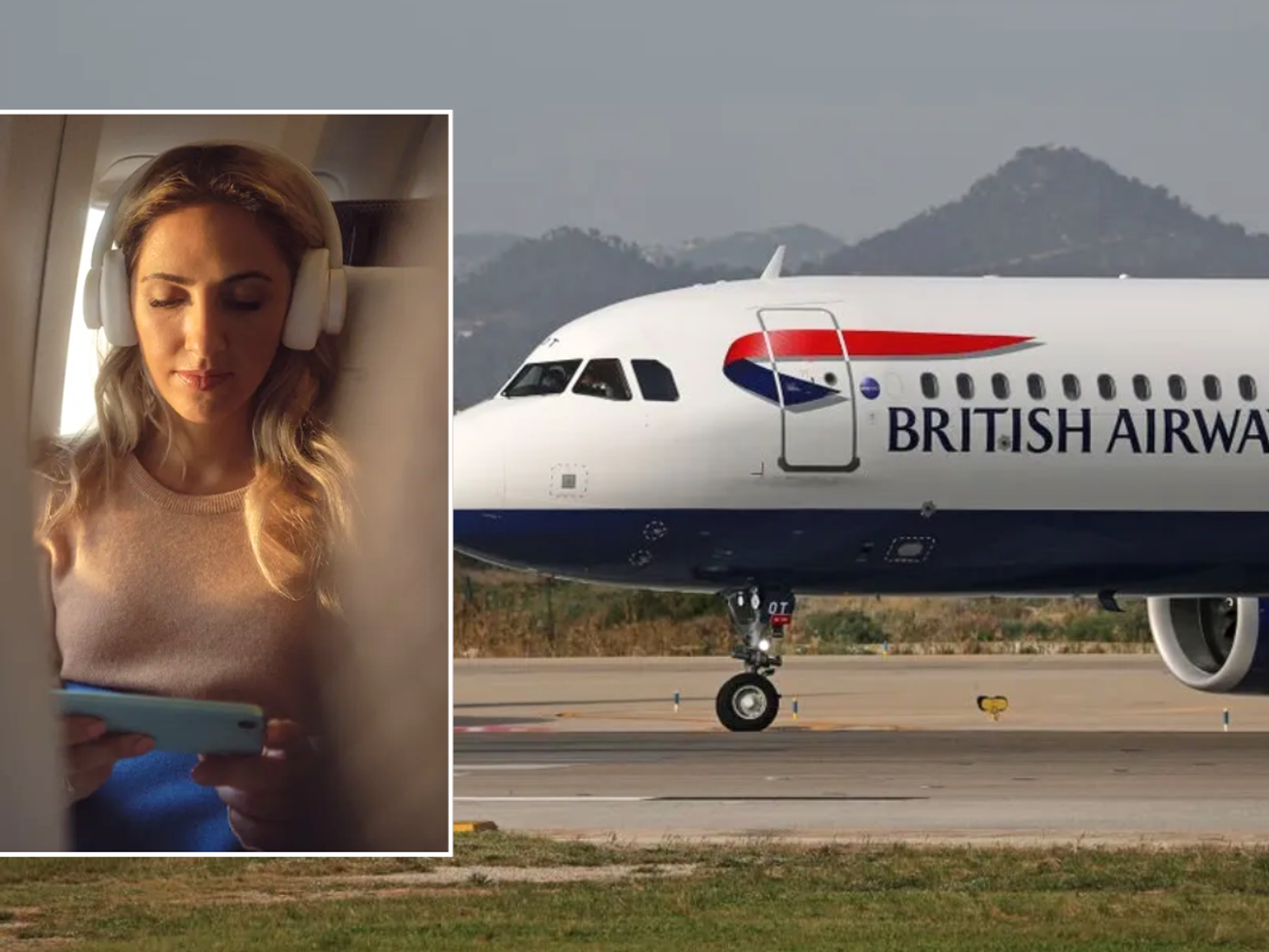 Woman using phone on BA flight / BA plane