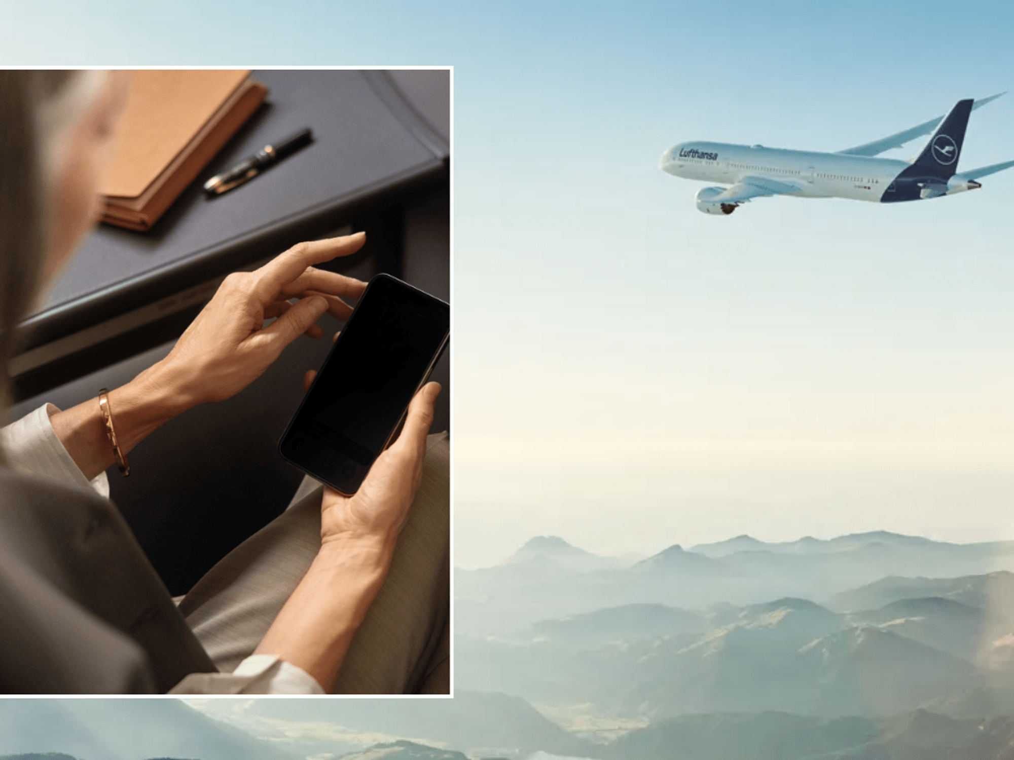 Woman using phone on Lufthansa flight / Lufthansa plane in sky