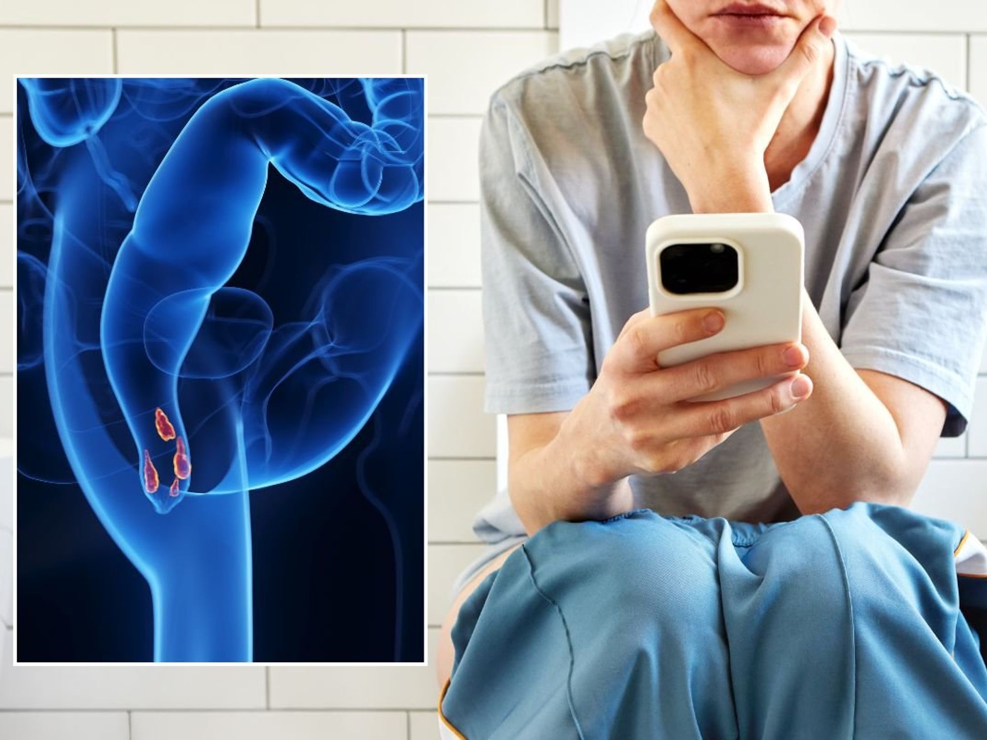 WOMAN USING PHONE ON TOILET