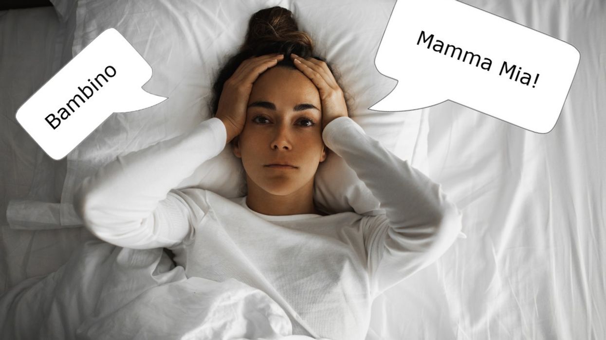 Woman wakes up confused and italian in speech bubbles
