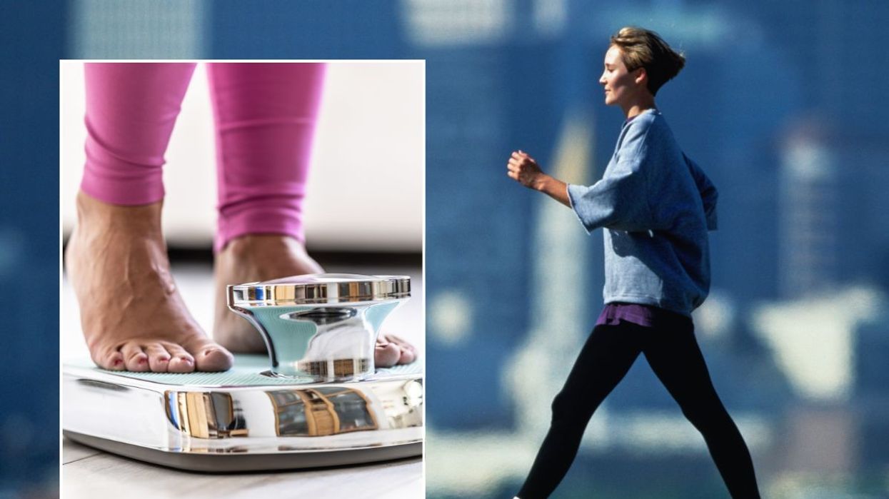 Woman walking across city and standing on scale