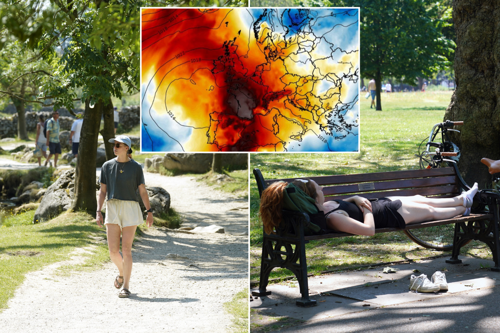Woman walking in a park, woman lying on a bench in a park, weather forecast
