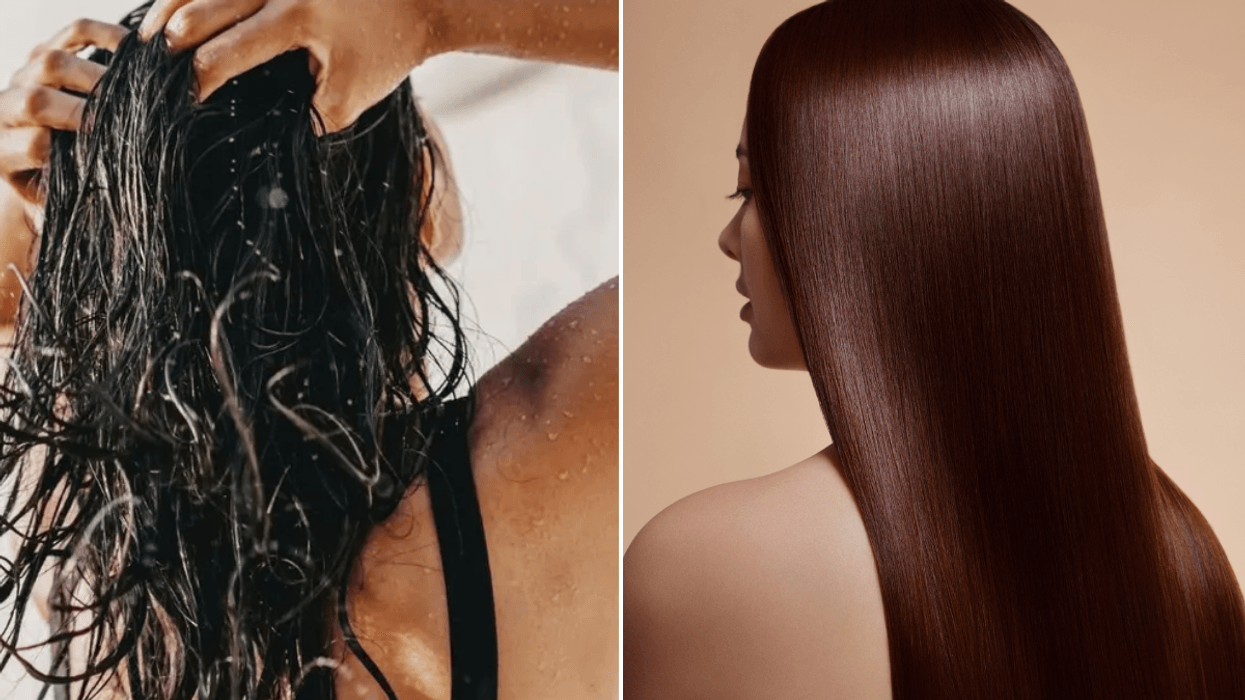 woman washing and rinsing hair / woman with shiny hair