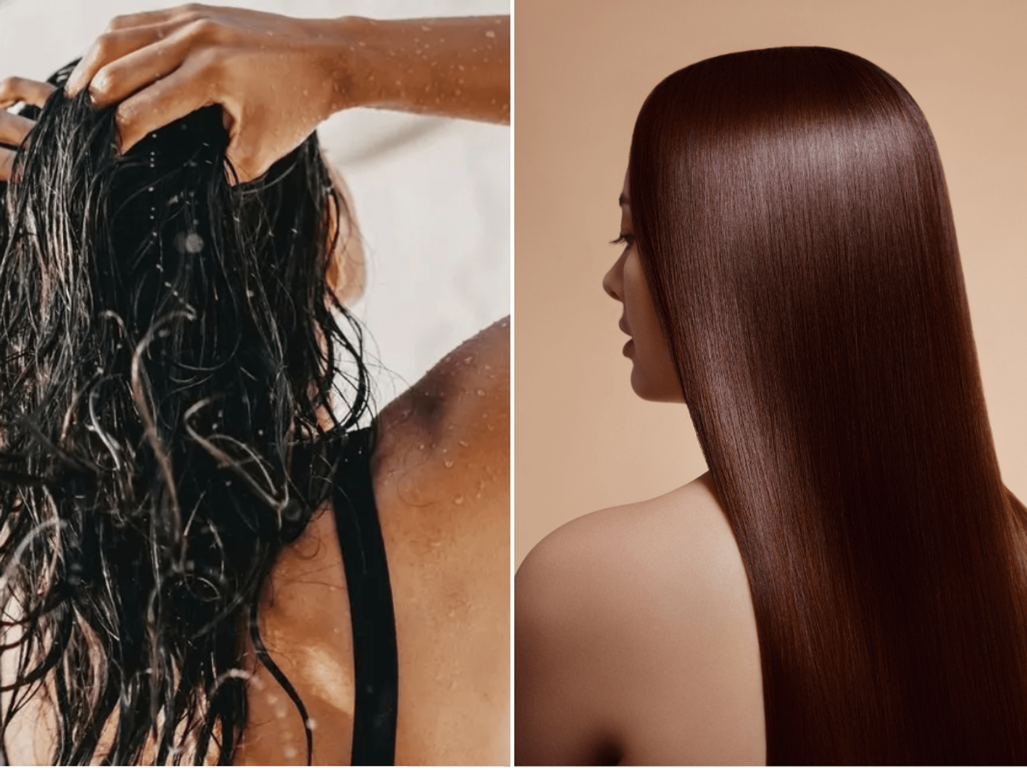 woman washing and rinsing hair / woman with shiny hair