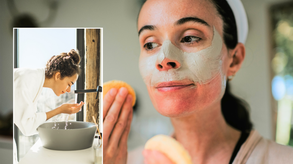 woman washing face / woman applying exfoliator