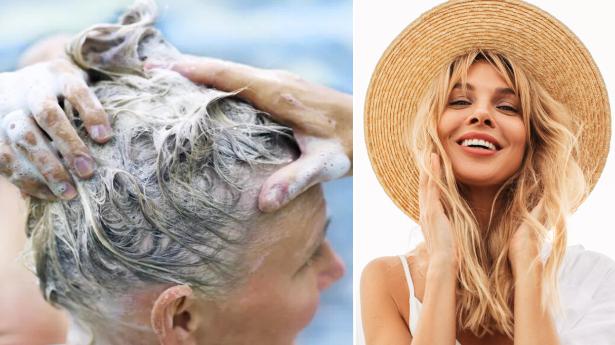Woman washing hair / woman in hat