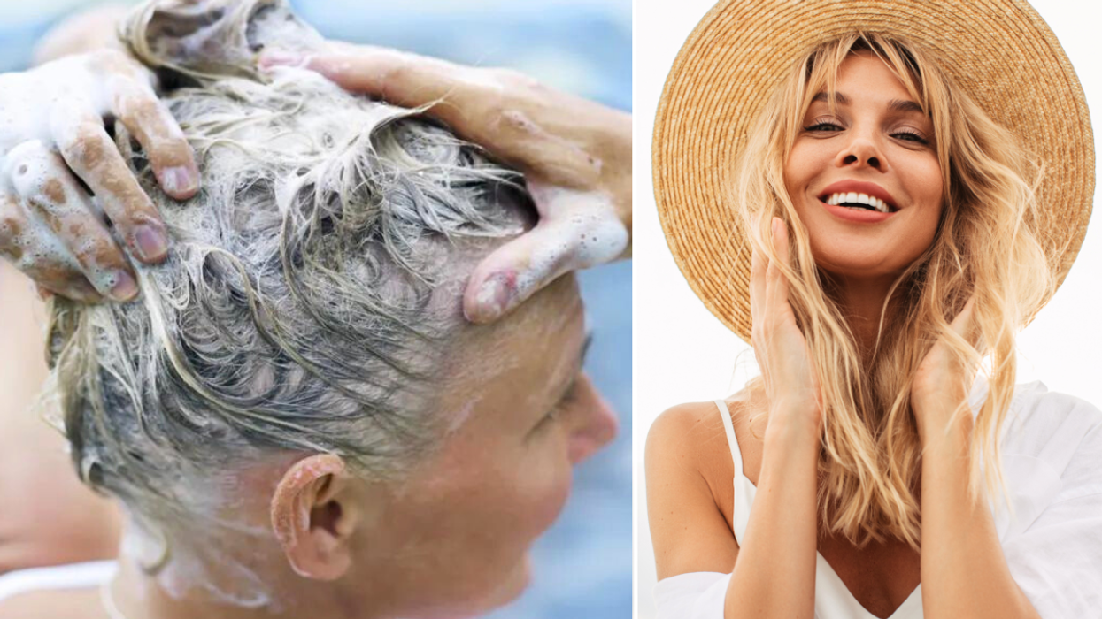 Woman washing hair / woman in hat