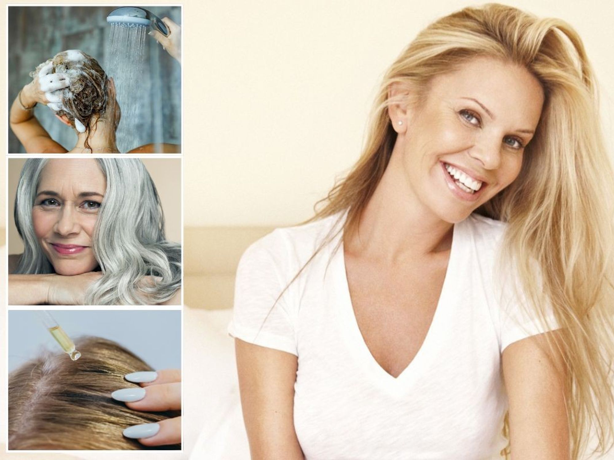 Woman washing hair / Women with beautiful long hair / Woman applying serum to hair