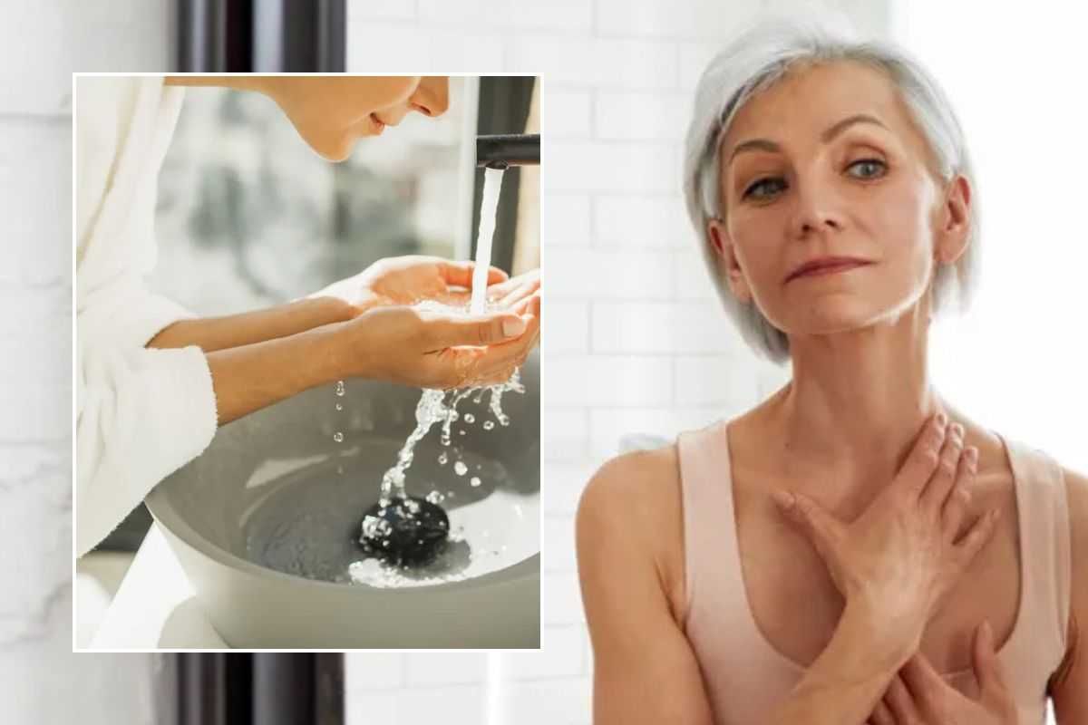 Woman washing her face / Woman looking in the mirror examining her neck