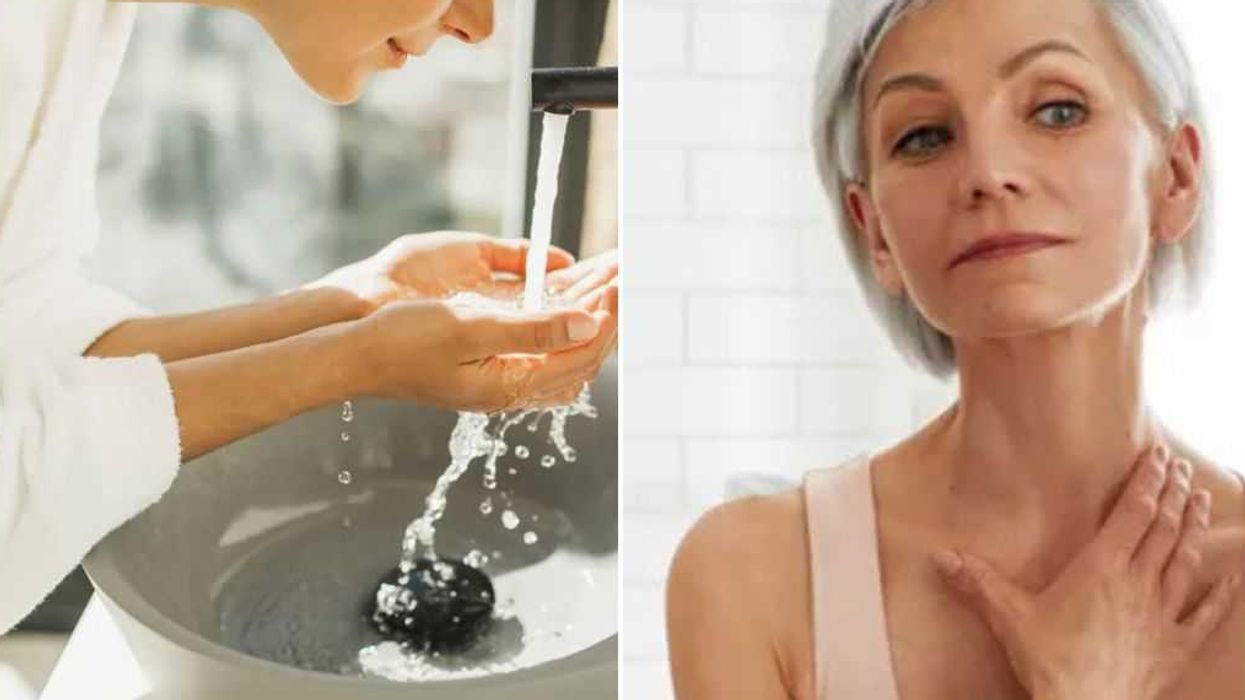 Woman washing her face / Woman looking in the mirror examining her neck