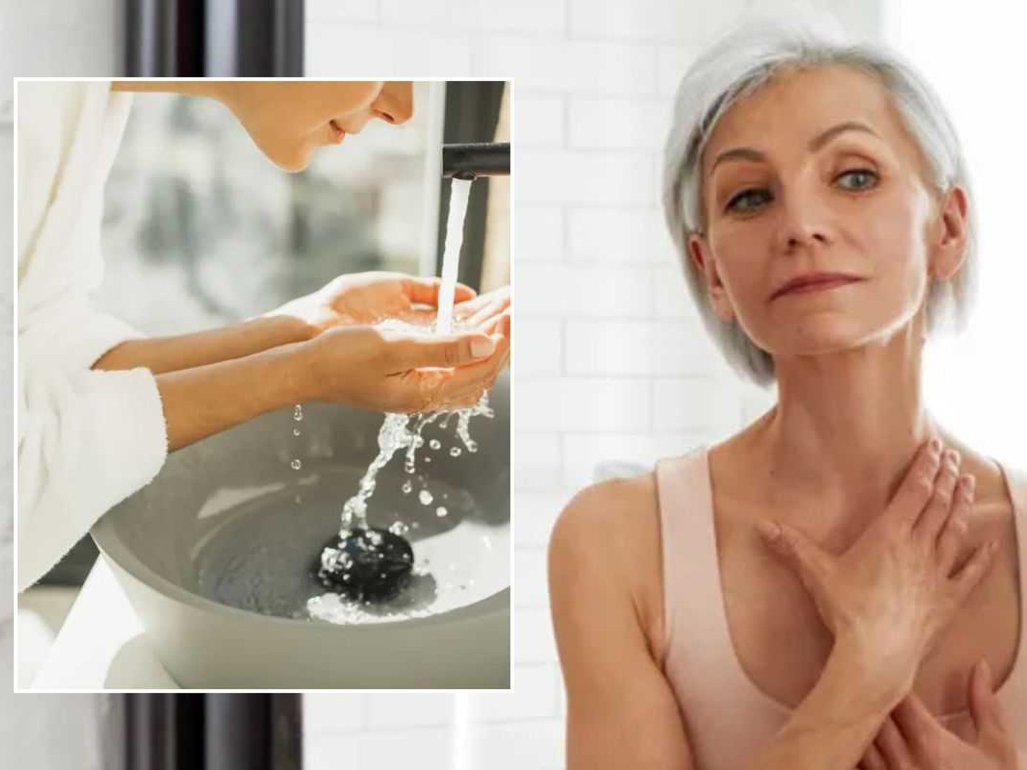 Woman washing her face / Woman looking in the mirror examining her neck