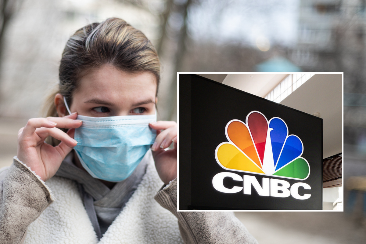Woman wearing a mask with a CNBC logo composite