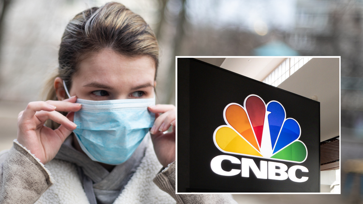 Woman wearing a mask with a CNBC logo composite