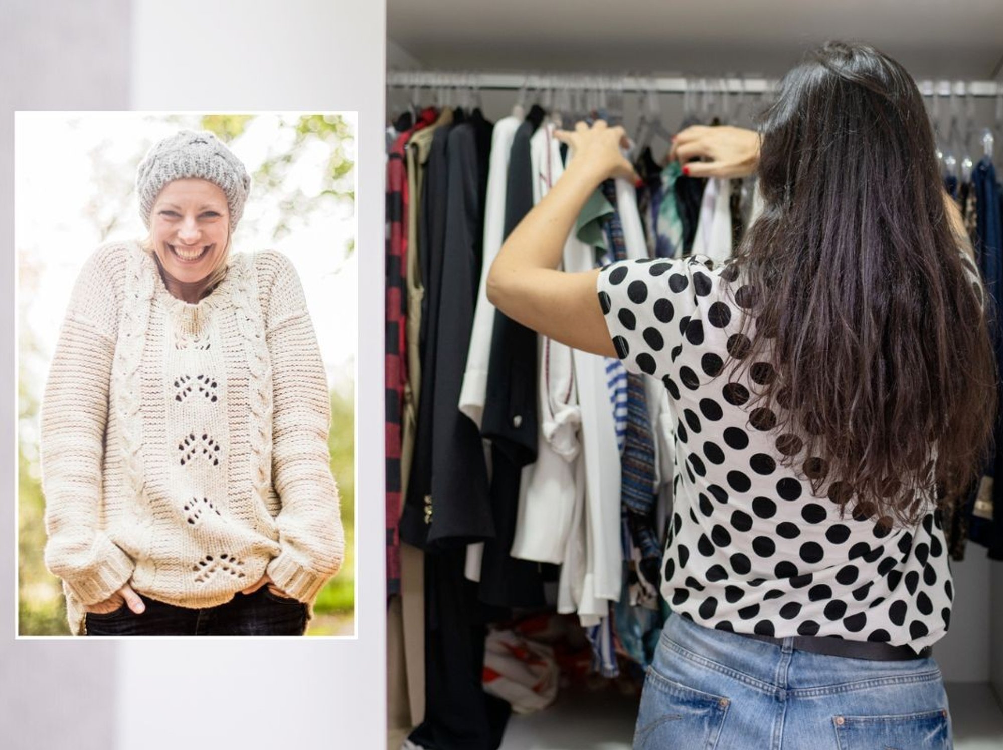Woman wearing baggy jumper / Woman looking through wardrobe