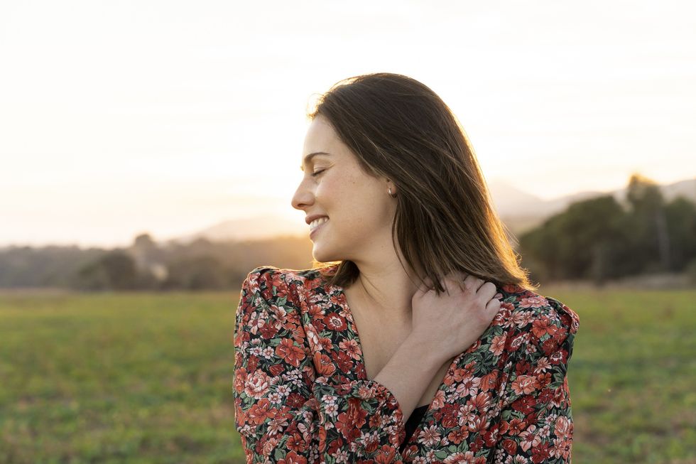 Woman wearing dress with small floral prints