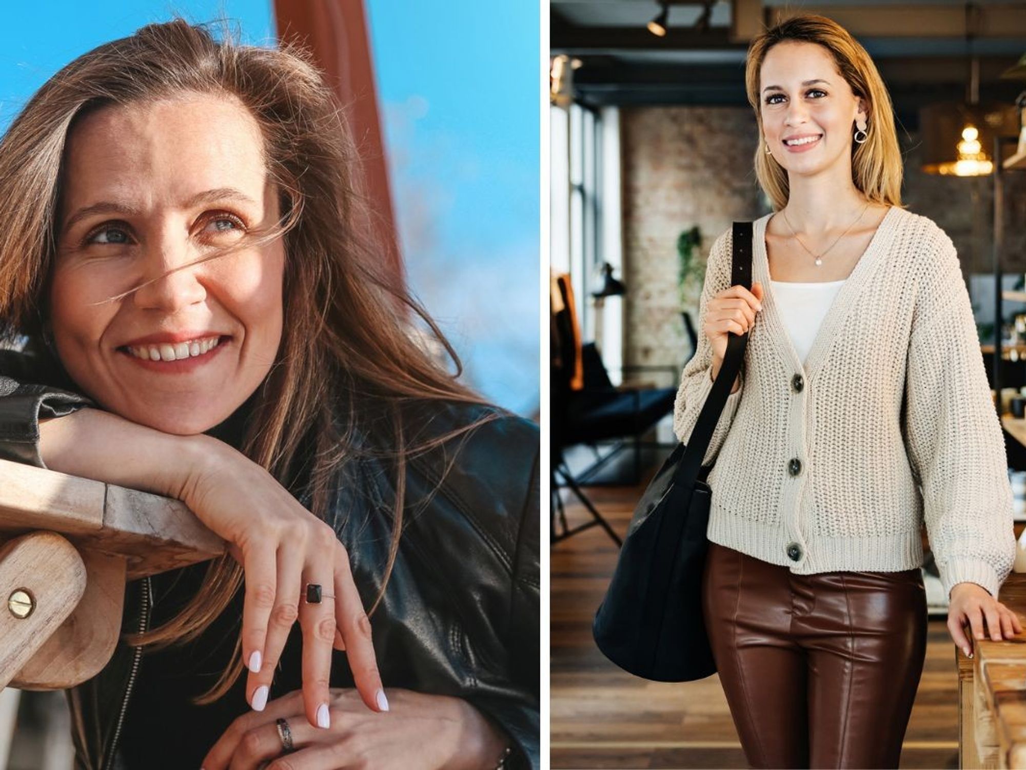 Woman wearing leather jacket / Woman wearing leather trousers