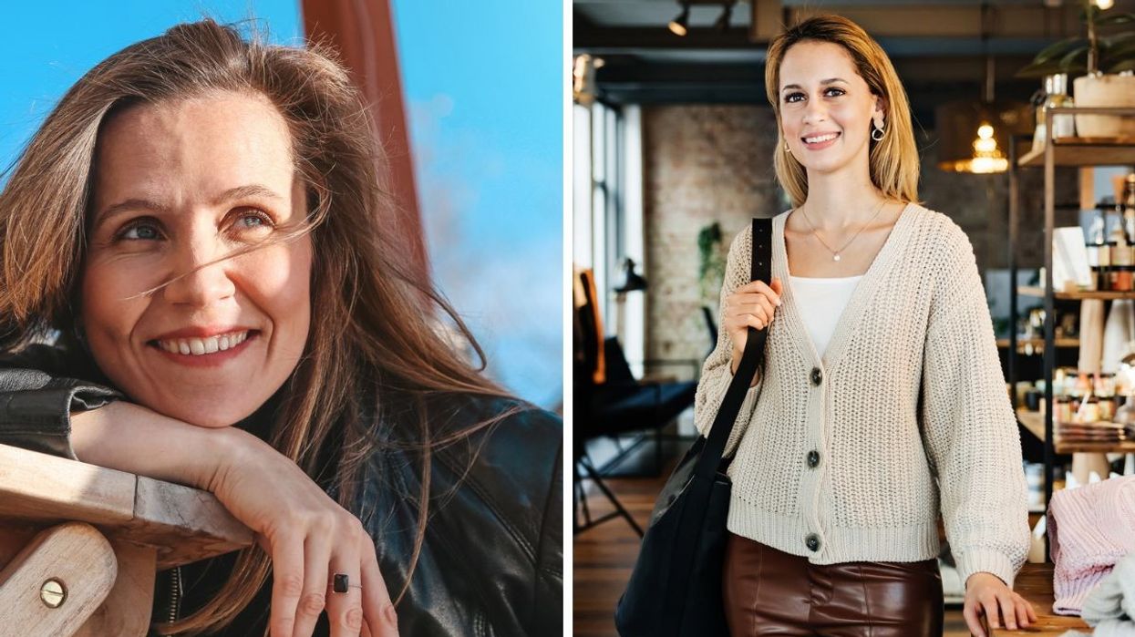 Woman wearing leather jacket / Woman wearing leather trousers