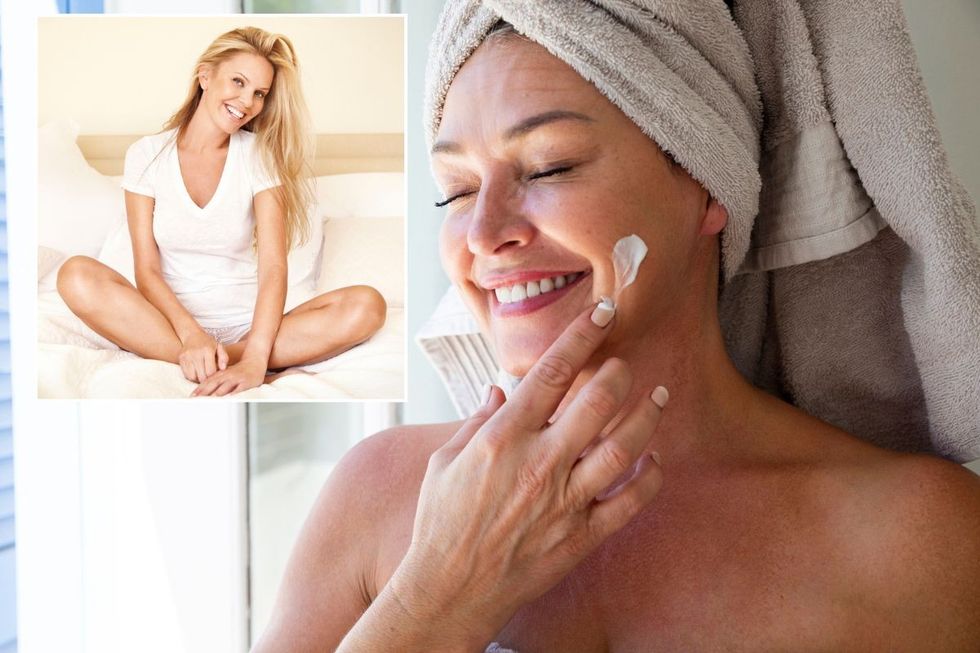 Woman with beautiful skin / Woman applying sunscreen