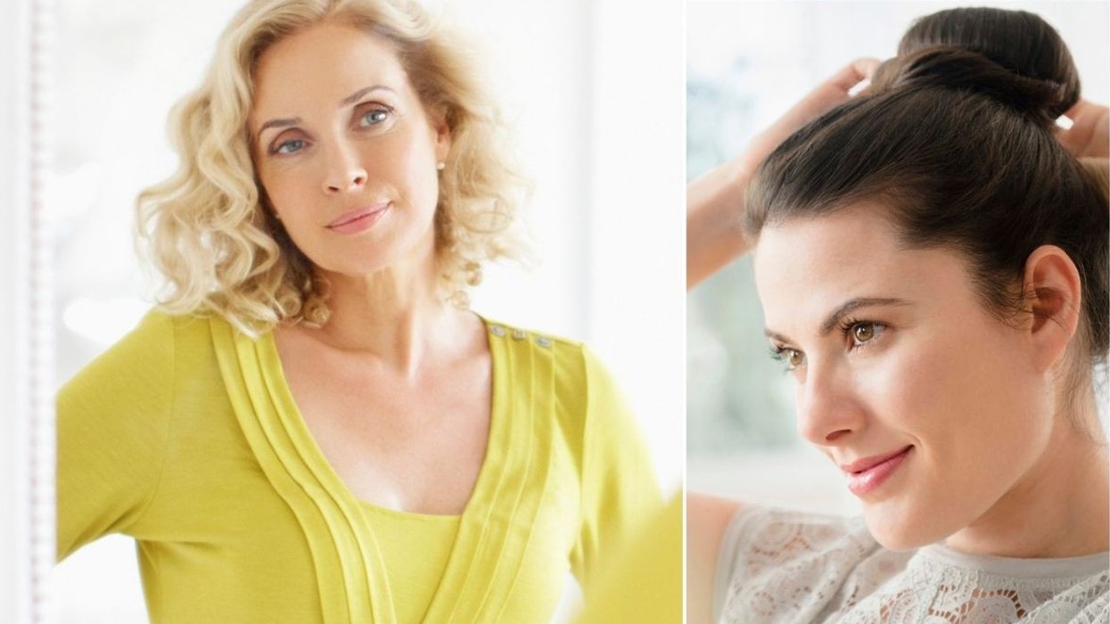 Woman with blonde curly hair / Woman putting her hair in a bun